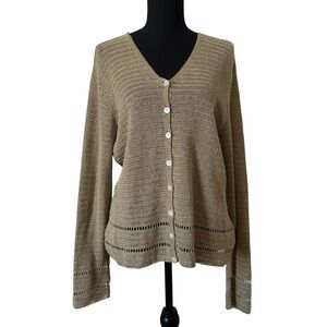 Vintage Cardigan Sweater Tan Green Linen Natural Fibers Boho Knit Size Medium